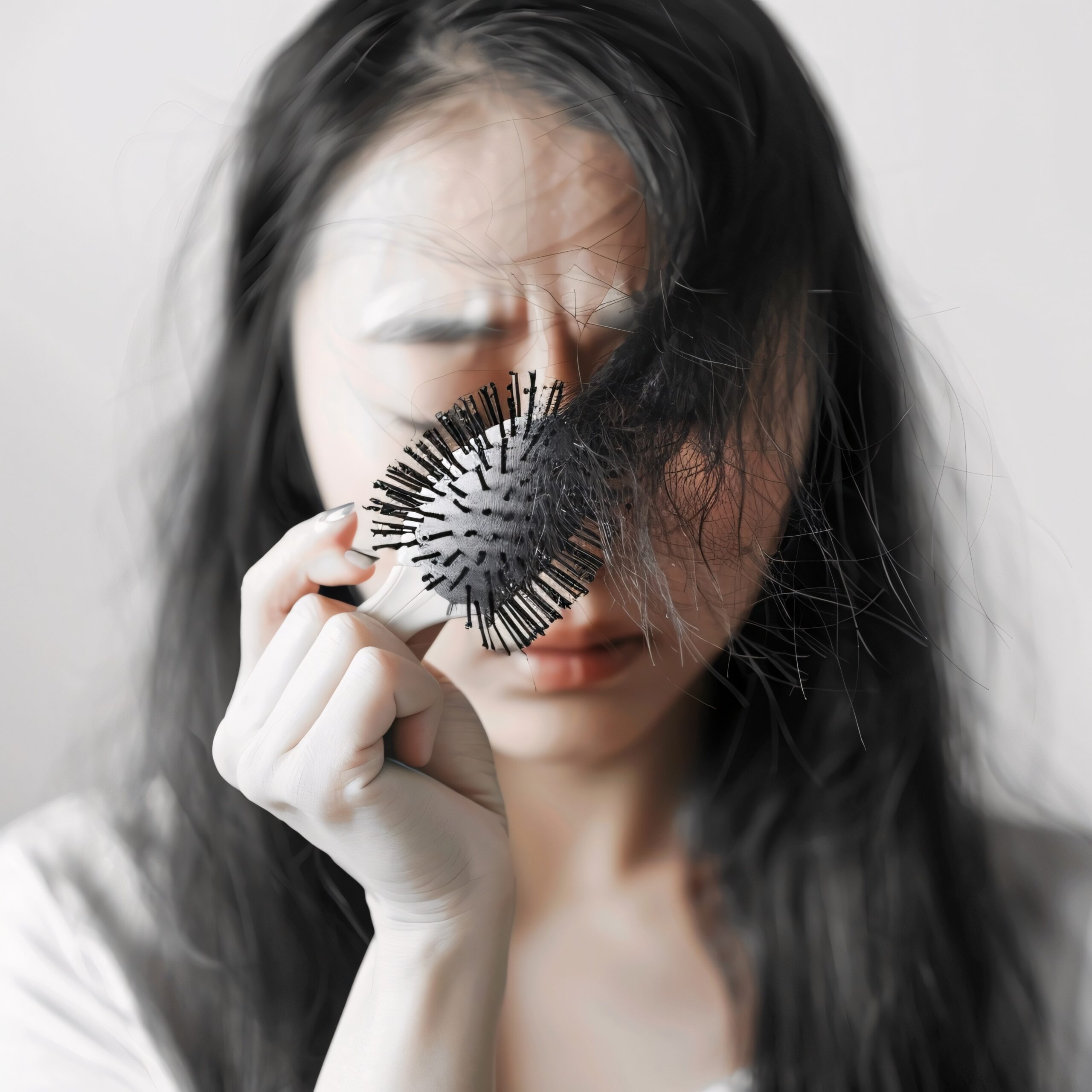 "Fur Eyelashes: Close-up Portrait of a Person with Long Hair and Brush in Hand"
