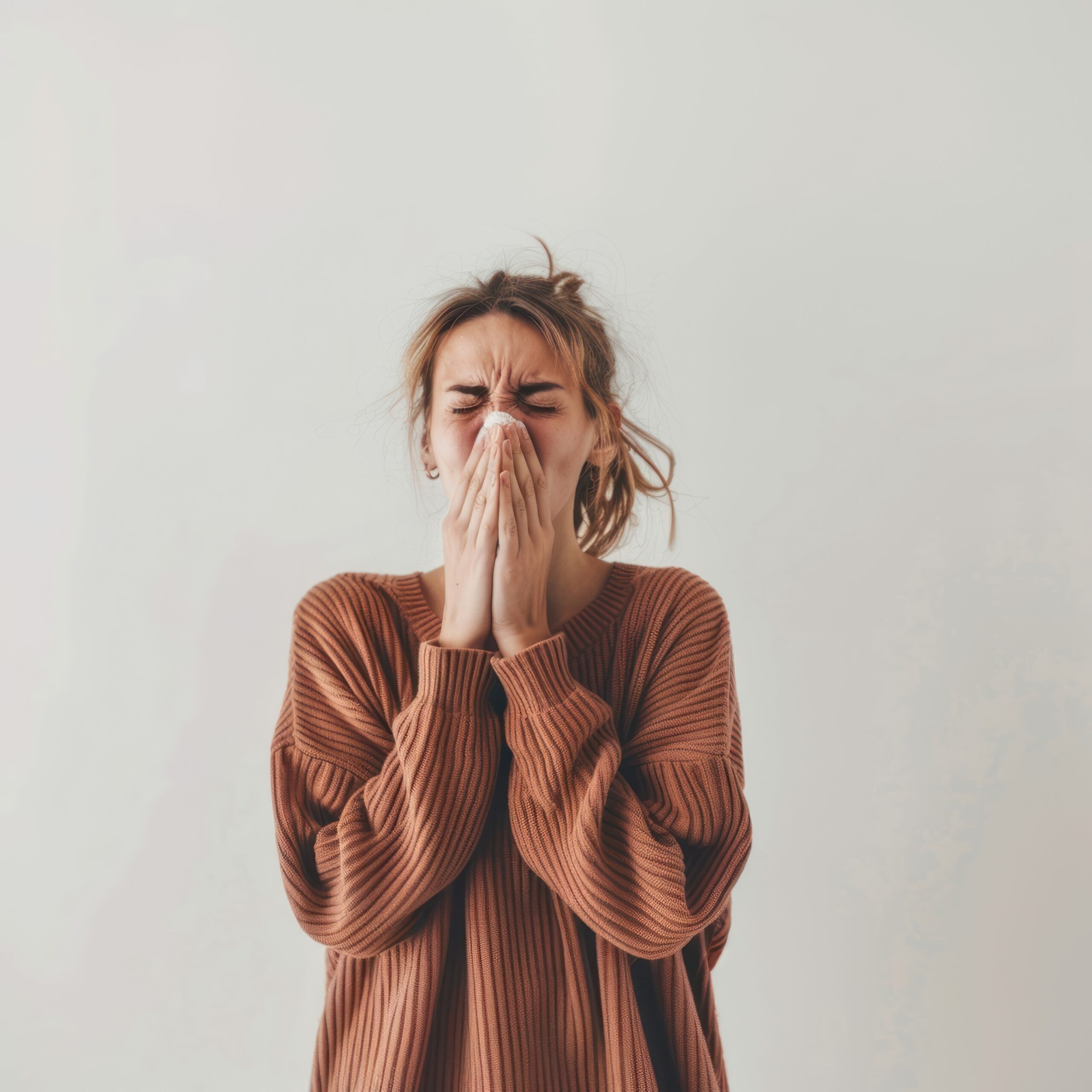 Woman sneezing into tissue